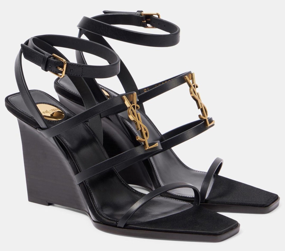 Saint Laurent YSL Logo Cassandra 90 Black Ankle Strap Wedge Sandal Heel 36.5